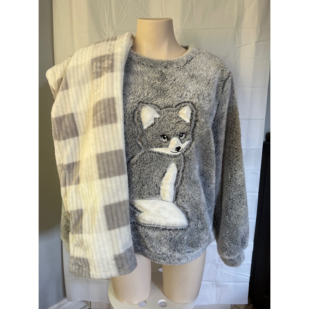 Etam Grey Fox Plush Fleece Pajama Set Long Sleeve Top and Plaid Pants Loungewear